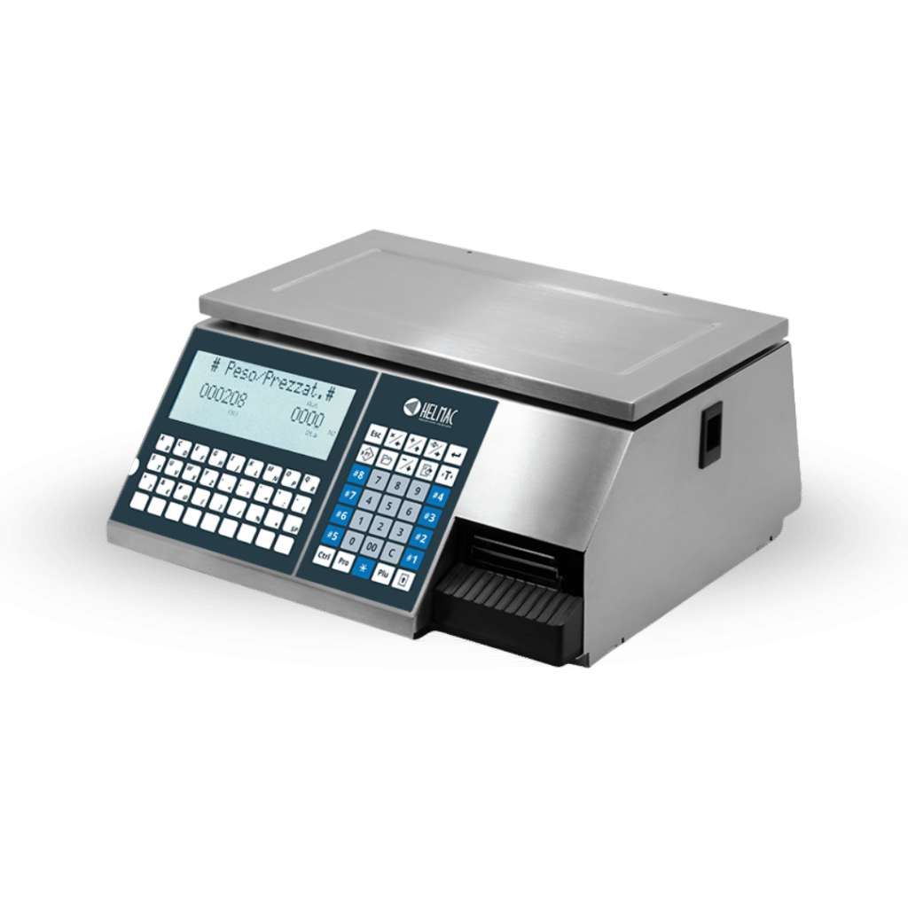 Bilancia elettronica professionale GP4 LX in acciaio inox con doppio display LCD, tastiera impermeabile ed etichettatrice termica integrata per negozi alimentari e supermercati
