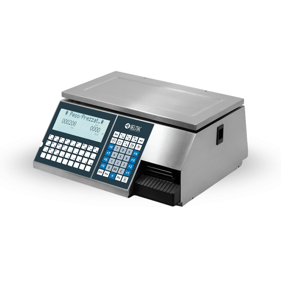 Bilancia elettronica professionale GP4 LX in acciaio inox con doppio display LCD, tastiera impermeabile ed etichettatrice termica integrata per negozi alimentari e supermercati