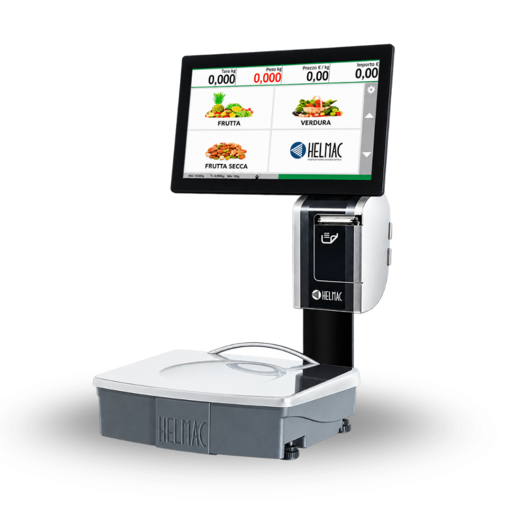 Bilancia elettronica self-service GP10 SELF con touchscreen da 10,1 pollici, piatto in acciaio inox e stampante etichettatrice integrata per supermercati
